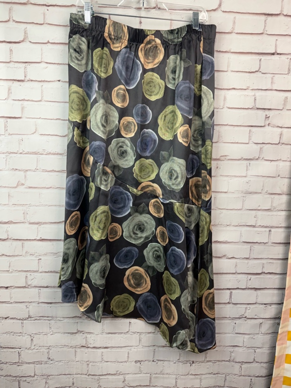 Floral Print Asymmetrical Midi Skirt in Black‎ with Green & Blue Accents